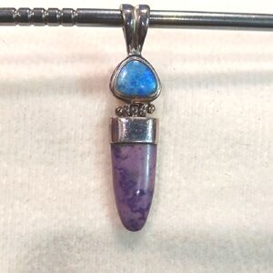 💜 Blue Opal & Charoite Hinged Pendant | Sterling Silver Iridescent Gemstone